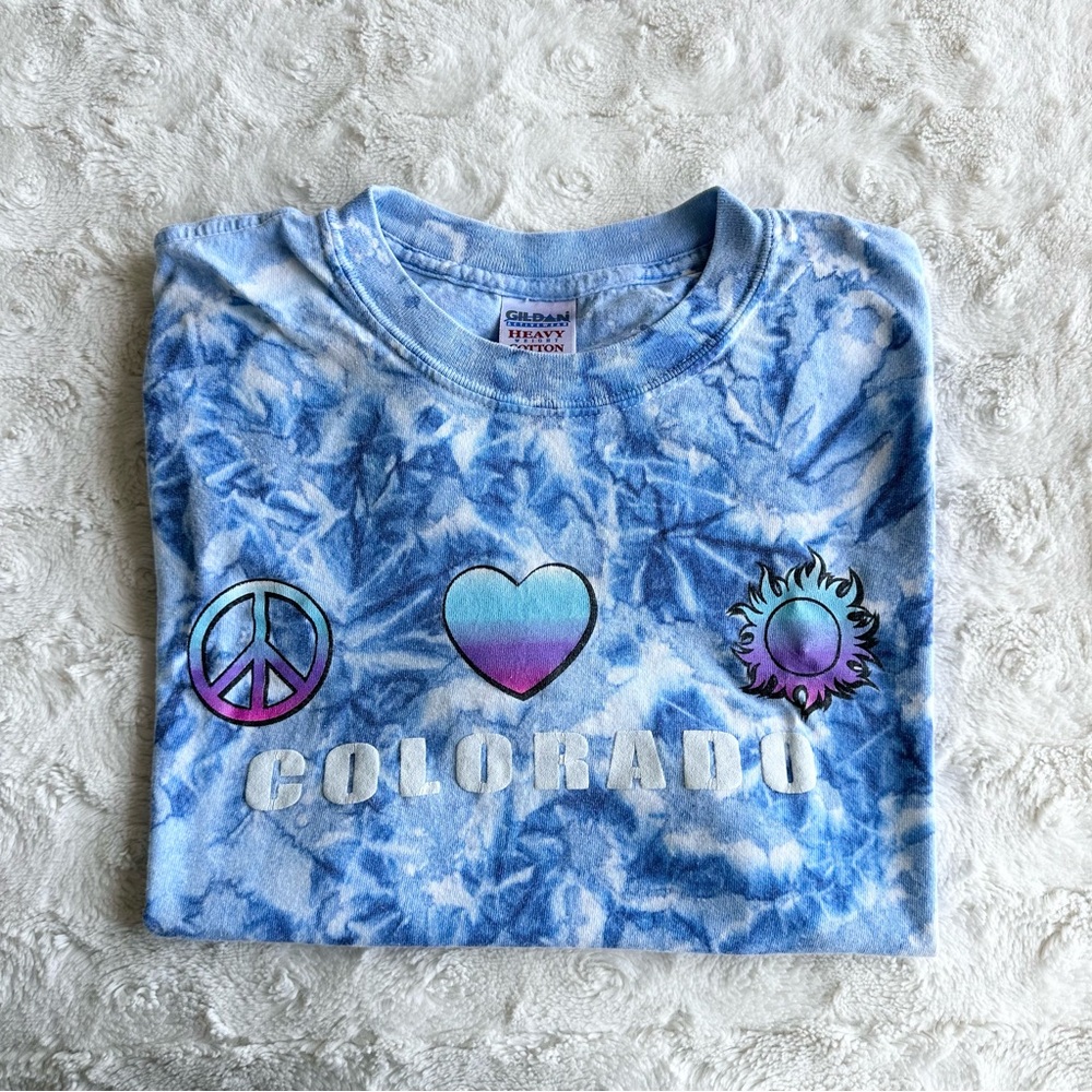 Vintage Colorado Shirt Tee Womens Medium Blue Tie Dye Peace Love Sun Hippie Vtg